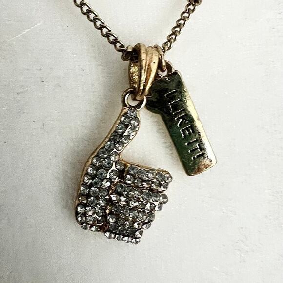 Rhinestone Studded Thumbs Up Emoji I Like it Charm Hashtag Gold Tone Necklace - Picture 2 of 4